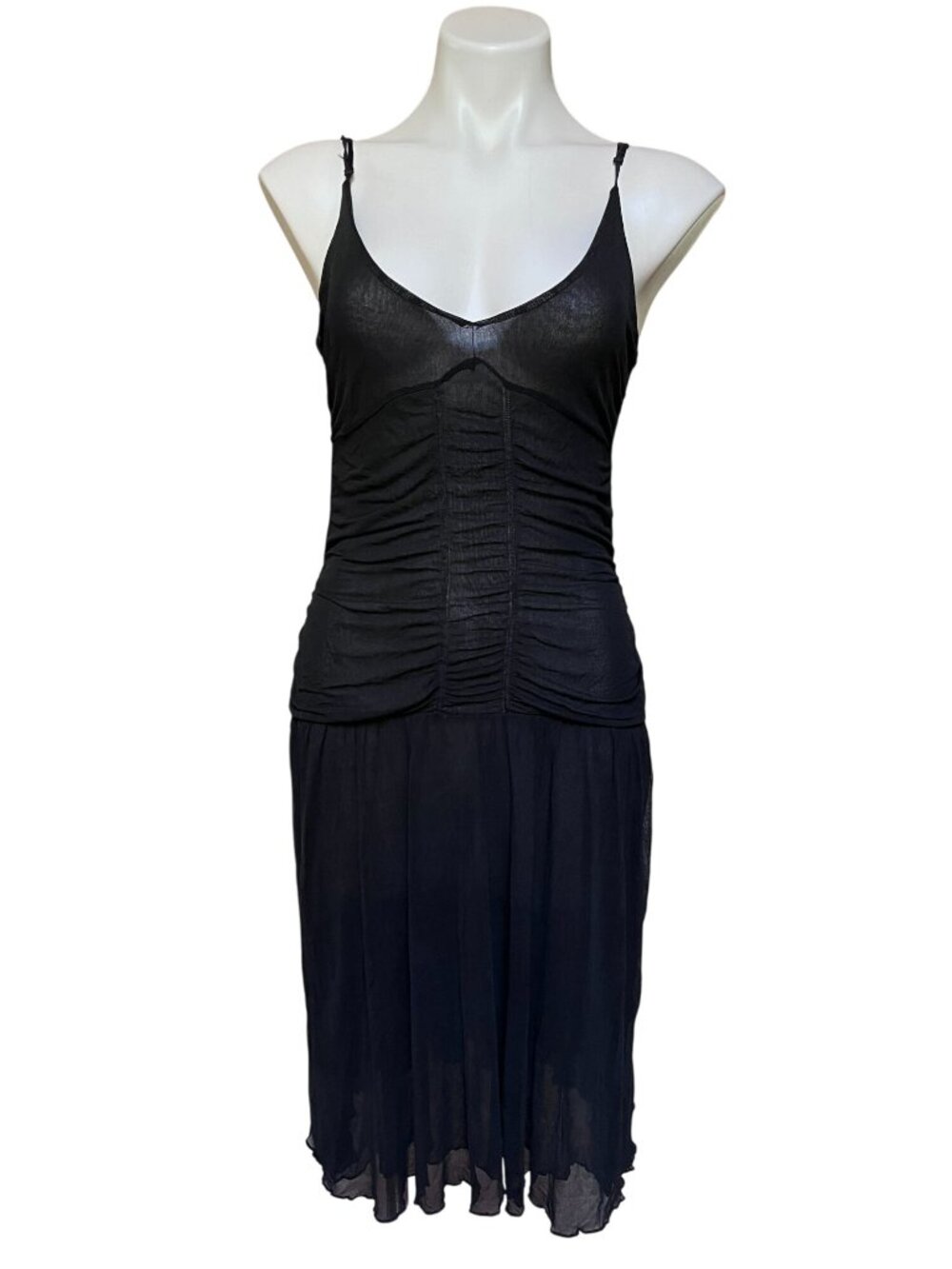 Black Ruched Sheer Mesh Tulle Corset Midi Dress w Drop Waist & Sweetheart Neck